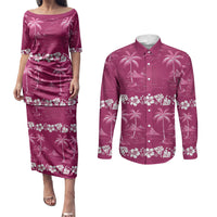 Pink Hawaii Palm Tree Hibiscus Couples Matching Puletasi and Long Sleeve Button Shirt Fantasy Summer Vibe LT01 Pink - Polynesian Pride