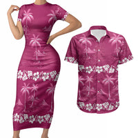 Pink Hawaii Palm Tree Hibiscus Couples Matching Short Sleeve Bodycon Dress and Hawaiian Shirt Fantasy Summer Vibe LT01 Pink - Polynesian Pride