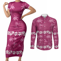 Pink Hawaii Palm Tree Hibiscus Couples Matching Short Sleeve Bodycon Dress and Long Sleeve Button Shirt Fantasy Summer Vibe LT01 Pink - Polynesian Pride