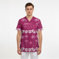 Pink Hawaii Palm Tree Hibiscus Scrub Top Fantasy Summer Vibe LT01 - Polynesian Pride