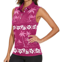 Pink Hawaii Palm Tree Hibiscus Women Sleeveless Polo Shirt Fantasy Summer Vibe LT01 - Polynesian Pride
