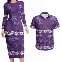Purple Hawaii Palm Tree Hibiscus Couples Matching Long Sleeve Bodycon Dress and Hawaiian Shirt Fantasy Summer Vibe LT01 Purple - Polynesian Pride