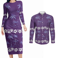 Purple Hawaii Palm Tree Hibiscus Couples Matching Long Sleeve Bodycon Dress and Long Sleeve Button Shirt Fantasy Summer Vibe LT01 Purple - Polynesian Pride