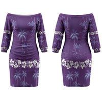Purple Hawaii Palm Tree Hibiscus Couples Matching Off The Shoulder Long Sleeve Dress and Hawaiian Shirt Fantasy Summer Vibe LT01 - Polynesian Pride