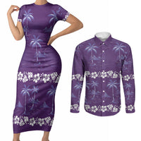 Purple Hawaii Palm Tree Hibiscus Couples Matching Short Sleeve Bodycon Dress and Long Sleeve Button Shirt Fantasy Summer Vibe LT01 Purple - Polynesian Pride