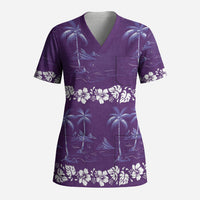 Purple Hawaii Palm Tree Hibiscus Scrub Top Fantasy Summer Vibe LT01 Adult Purple - Polynesian Pride