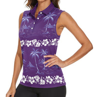 Purple Hawaii Palm Tree Hibiscus Women Sleeveless Polo Shirt Fantasy Summer Vibe LT01 - Polynesian Pride