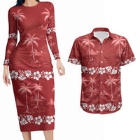 Red Hawaii Palm Tree Hibiscus Couples Matching Long Sleeve Bodycon Dress and Hawaiian Shirt Fantasy Summer Vibe LT01 Red - Polynesian Pride