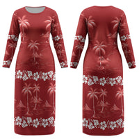 Red Hawaii Palm Tree Hibiscus Couples Matching Long Sleeve Bodycon Dress and Hawaiian Shirt Fantasy Summer Vibe LT01 - Polynesian Pride