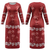Red Hawaii Palm Tree Hibiscus Couples Matching Long Sleeve Bodycon Dress and Long Sleeve Button Shirt Fantasy Summer Vibe LT01 - Polynesian Pride