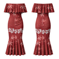Red Hawaii Palm Tree Hibiscus Couples Matching Mermaid Dress and Long Sleeve Button Shirt Fantasy Summer Vibe