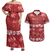 Red Hawaii Palm Tree Hibiscus Couples Matching Off Shoulder Maxi Dress and Hawaiian Shirt Fantasy Summer Vibe LT01 Red - Polynesian Pride