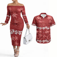 Red Hawaii Palm Tree Hibiscus Couples Matching Off The Shoulder Long Sleeve Dress and Hawaiian Shirt Fantasy Summer Vibe LT01 Red - Polynesian Pride