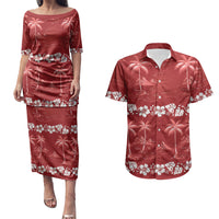 Red Hawaii Palm Tree Hibiscus Couples Matching Puletasi and Hawaiian Shirt Fantasy Summer Vibe LT01 Red - Polynesian Pride