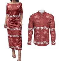Red Hawaii Palm Tree Hibiscus Couples Matching Puletasi and Long Sleeve Button Shirt Fantasy Summer Vibe LT01 Red - Polynesian Pride
