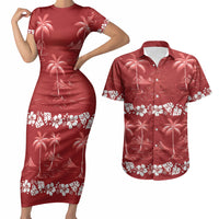 Red Hawaii Palm Tree Hibiscus Couples Matching Short Sleeve Bodycon Dress and Hawaiian Shirt Fantasy Summer Vibe LT01 Red - Polynesian Pride