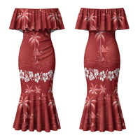 Red Hawaii Palm Tree Hibiscus Family Matching Mermaid Dress and Hawaiian Shirt Fantasy Summer Vibe LT01 Mom's Dress Red - Polynesian Pride