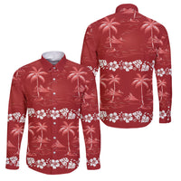Red Hawaii Palm Tree Hibiscus Family Matching Mermaid Dress and Hawaiian Shirt Fantasy Summer Vibe LT01 Dad's Shirt - Long Sleeve Red - Polynesian Pride