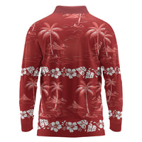 Red Hawaii Palm Tree Hibiscus Long Sleeve Polo Shirt Fantasy Summer Vibe LT01 - Polynesian Pride