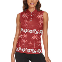 Red Hawaii Palm Tree Hibiscus Women Sleeveless Polo Shirt Fantasy Summer Vibe LT01 - Polynesian Pride