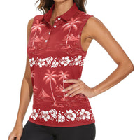 Red Hawaii Palm Tree Hibiscus Women Sleeveless Polo Shirt Fantasy Summer Vibe LT01 - Polynesian Pride
