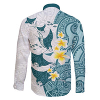 Maori Manta Ray Plumeria Teal Family Matching Off The Shoulder Long Sleeve Dress and Hawaiian Shirt LT01 - Polynesian Pride