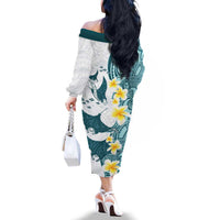 Maori Manta Ray Plumeria Teal Family Matching Off The Shoulder Long Sleeve Dress and Hawaiian Shirt LT01 - Polynesian Pride
