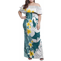 Maori Manta Ray Plumeria Teal Family Matching Off Shoulder Maxi Dress and Hawaiian Shirt LT01 Mom's Dress Teal - Polynesian Pride