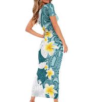 Maori Manta Ray Plumeria Teal Family Matching Short Sleeve Bodycon Dress and Hawaiian Shirt LT01 - Polynesian Pride