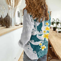 Maori Manta Ray Plumeria Teal Women Casual Shirt LT01 - Polynesian Pride