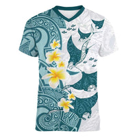 Maori Manta Ray Plumeria Teal Women V-Neck T-Shirt