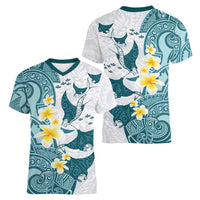 Maori Manta Ray Plumeria Teal Women V-Neck T-Shirt