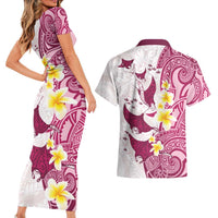 Maori Manta Ray Plumeria Royal Pink Couples Matching Short Sleeve Bodycon Dress and Hawaiian Shirt LT01 - Polynesian Pride