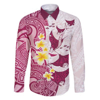 Maori Manta Ray Plumeria Royal Pink Family Matching Off Shoulder Maxi Dress and Hawaiian Shirt LT01 Dad's Shirt - Long Sleeve Pink - Polynesian Pride