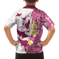 Maori Manta Ray Plumeria Royal Pink Family Matching Off Shoulder Short Dress and Hawaiian Shirt LT01 - Polynesian Pride