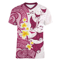 Maori Manta Ray Plumeria Royal Pink Women V-Neck T-Shirt