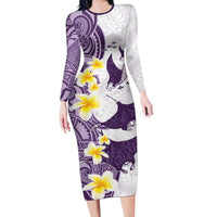 Maori Manta Ray Plumeria Deep Purple Family Matching Long Sleeve Bodycon Dress and Hawaiian Shirt LT01 Mom's Dress Purple - Polynesian Pride