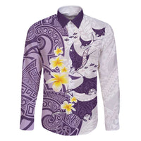 Maori Manta Ray Plumeria Deep Purple Family Matching Mermaid Dress and Hawaiian Shirt LT01 Dad's Shirt - Long Sleeve Purple - Polynesian Pride