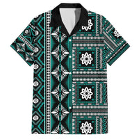 Fiji Masi Tapa Pattern Teal Family Matching Off The Shoulder Long Sleeve Dress and Hawaiian Shirt - Polynesian Pride