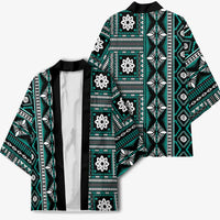 Fiji Masi Tapa Pattern Teal Kimono - Polynesian Pride