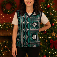 Fiji Masi Tapa Pattern Teal Christmas Knitted V-Neck Vest - Polynesian Pride