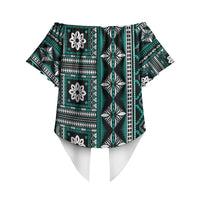 Fiji Masi Tapa Pattern Teal Off Shoulder Wrap Waist Top LT01 - Polynesian Pride