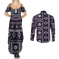 Fiji Masi Tapa Pattern Purple Couples Matching Summer Maxi Dress and Long Sleeve Button Shirt LT01 - Polynesian Pride