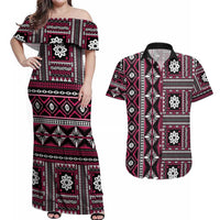 Fiji Masi Tapa Pattern Pink Couples Matching Off Shoulder Maxi Dress and Hawaiian Shirt LT01 Pink - Polynesian Pride