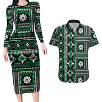 Fiji Masi Tapa Pattern Green Couples Matching Long Sleeve Bodycon Dress and Hawaiian Shirt LT01 Green - Polynesian Pride