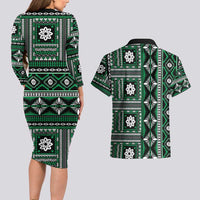 Fiji Masi Tapa Pattern Green Couples Matching Long Sleeve Bodycon Dress and Hawaiian Shirt LT01 - Polynesian Pride