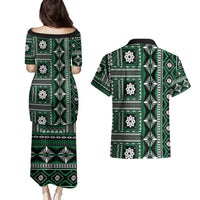 Fiji Masi Tapa Pattern Green Couples Matching Puletasi and Hawaiian Shirt - Polynesian Pride