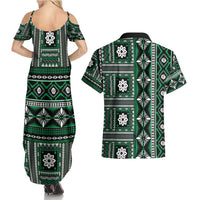 Fiji Masi Tapa Pattern Green Couples Matching Summer Maxi Dress and Hawaiian Shirt LT01 - Polynesian Pride