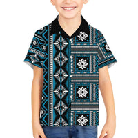 Fiji Masi Tapa Pattern Blue Family Matching Off The Shoulder Long Sleeve Dress and Hawaiian Shirt - Polynesian Pride