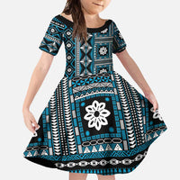 Fiji Masi Tapa Pattern Blue Family Matching Off Shoulder Maxi Dress and Hawaiian Shirt - Polynesian Pride